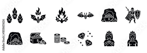 Assortment of black silhouette icons representing adventure and fantasy concepts like knights, treasure, caves, bats, and queens suitable for game development and storytelling graphics.