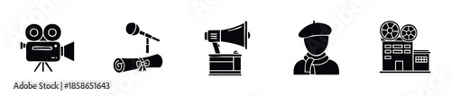 A collection of black silhouette icons representing film production, media communication, artistic expression, and cinema education for various graphic applications and web interfaces