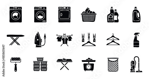 Comprehensive collection of essential laundry room appliances, supplies, and household cleaning tools perfect for various home care and maintenance applications