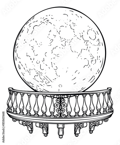 Full moon with visible craters rising behind a decorative curved balcony balustrade, suitable for celestial event graphics and dreamlike night sky themed designs.