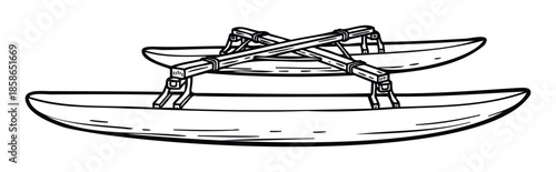 Traditional Polynesian style double hulled outrigger canoe drawing representing ancient seafaring culture and nautical heritage for travel or history themed projects