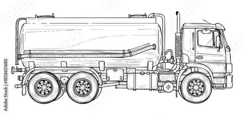 Large heavy duty tank truck for transporting liquids or bulk materials, depicted in a detailed technical drawing for educational and industrial transportation design purposes