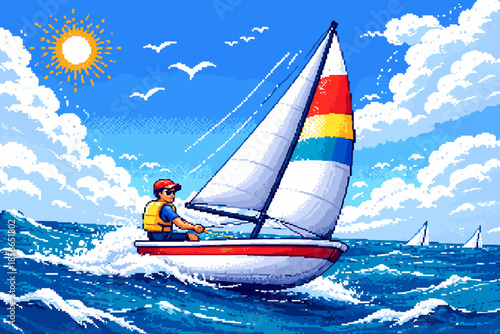 Pixel art sailboat adventure: vibrant day on the ocean waves