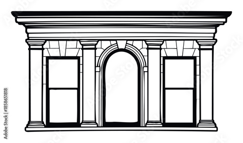 Elegant classical building facade architectural structure featuring an arched entryway and two windows for sophisticated historical context and various design projects