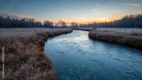 Ice-covered river bordered ...