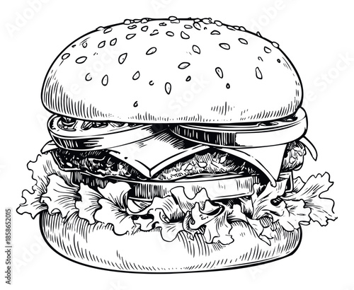 Detailed handdrawn sketch of a classic delicious hamburger with sesame bun, cheese, fresh lettuce, tomato, and onion, perfect for food menus, restaurant branding, or culinary blog content.