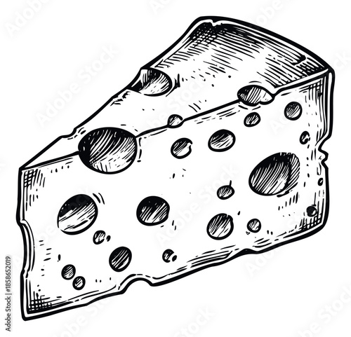 Classic hand drawn wedge of Swiss cheese featuring distinctive holes perfect for rustic culinary product packaging or traditional restaurant menu designs and food blog graphics