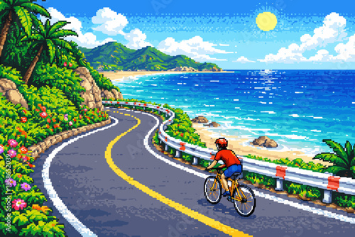 Coastal cycling adventure on a sunny day with ocean view in pixel art style