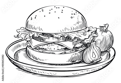 Hand drawn black and white burger sketch with fresh onions on a plate perfect for restaurant menus food packaging or cooking blogs and culinary advertisements