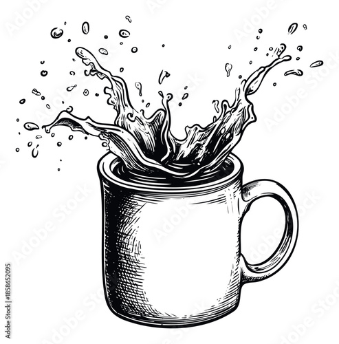 Dynamic liquid splash captured in a traditional ink sketch style overflowing from a ceramic mug, perfect for menu designs, kitchen decor, or beverage advertisements