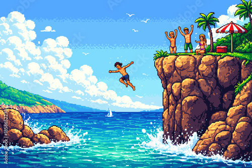 Pixel art cliff diving scene with friends enjoying a sunny beach
