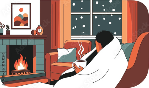 Person relaxing indoors wrapped in a warm blanket while enjoying a hot beverage near a cozy fireplace during a snowy evening outside