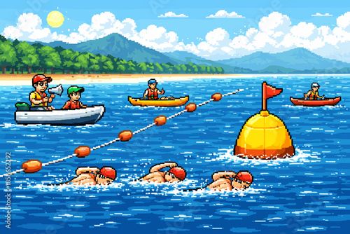 Retro pixel art beach scene with swimmers and kayakers enjoying a sunny day