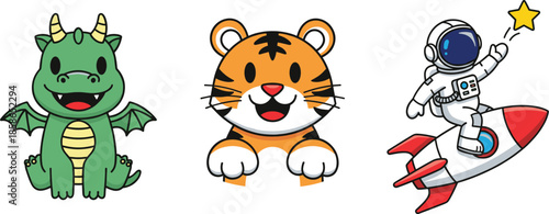 Cute cartoon dragon tiger and astronaut riding rocket with star in colorful flat vector illustration set