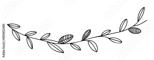 A simple hand drawn botanical branch with delicate outline leaves curving gracefully, perfect for elegant wedding invitations, greeting cards, decorative borders, or sophisticated branding