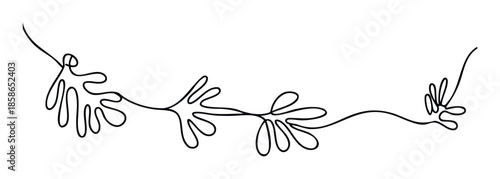 Minimalist continuous line drawing forming an elegant organic vine border with abstract leaf shapes, perfect for sophisticated wedding invitations, decorative page dividers, or subtle