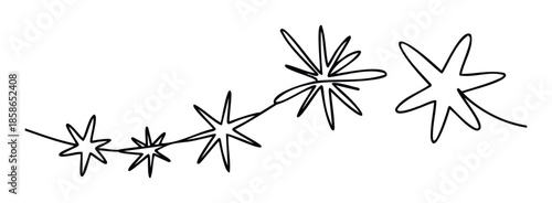 Dynamic black line drawing with abstract star bursts connected in a flowing sequence, ideal for modern graphic branding, motion graphics, and lively event promotions.