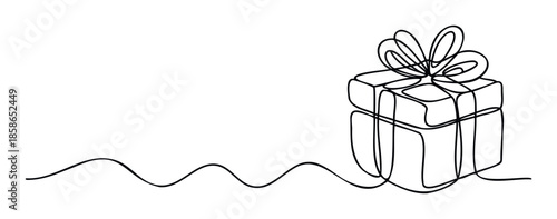 Continuous single line drawing of a stylized gift box with a decorative ribbon and an elegant flowing wavy path perfect for holiday greetings or celebratory event branding