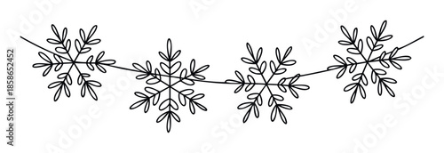 Simple hand drawn black outline snowflake garland for winter season decoration, perfect for holiday greetings, party invitations, or festive event graphic designs