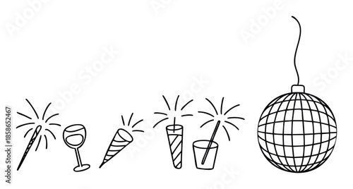 Festive party celebration items including glowing sparklers, elegant wine glass, party popper, burning candle, and disco ball perfect for holiday event marketing and promotions.