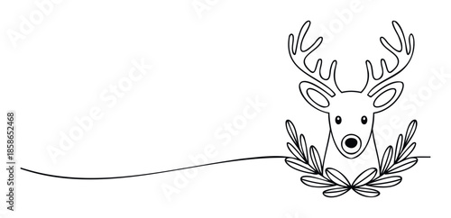 Minimalist black line drawing of a graceful deer head with ornate antlers and decorative botanical leaves perfect for winter holidays, festive greeting templates, or elegant Christmas event