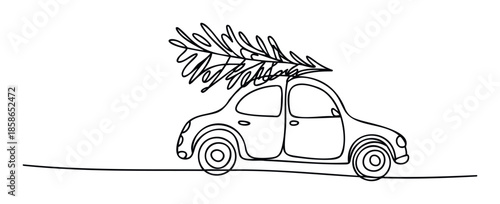 Festive minimalist continuous line drawing of a small family car carrying a Christmas tree on its roof, ideal for holiday greeting cards and winter season promotions.