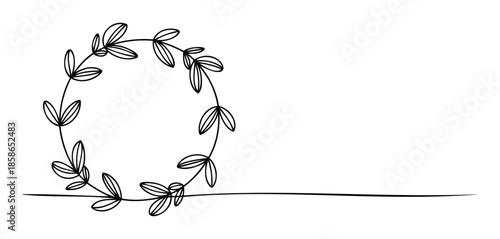 Elegant continuous line drawing of a leafy wreath forming a simple botanical frame with an extending organic line, ideal for wedding invitations, greeting cards, or minimalist branding