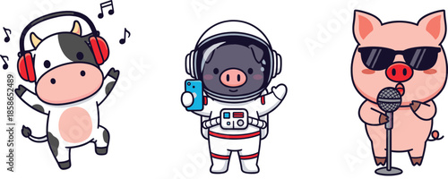 Cute cartoon farm animals as musicians and astronaut pig characters in colorful flat vector illustration set