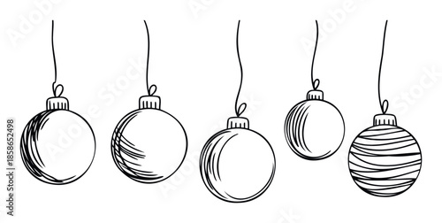 Handdrawn black line art Christmas ornaments hanging for festive season greetings, winter holiday event promotions, and seasonal celebration marketing materials