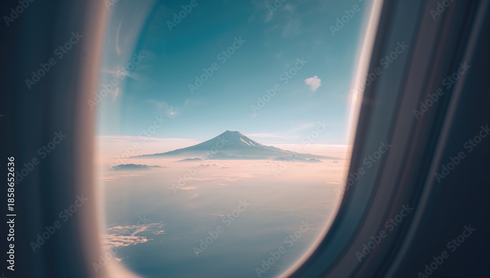 Fototapeta premium View of Mount Fuji through an airplane window, highlighting winter snow and mountain scale