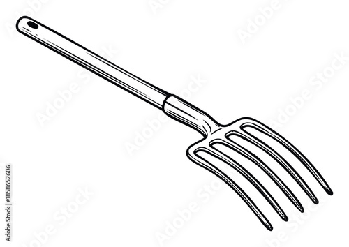 Outline drawing of a traditional garden fork, a vital farming and planting tool for cultivating soil, ideal for agriculture brochures and gardening enthusiast websites.