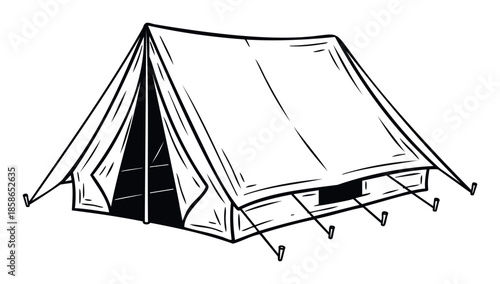 Explore the wilderness with a classic A frame canvas tent, an iconic symbol of outdoor exploration, perfect for nature publications, travel blogs, and adventure tourism marketing.