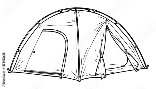 Detailed black and white line drawing of a modern dome camping tent, perfect for illustrating outdoor adventure guides, travel brochures, or nature themed educational materials