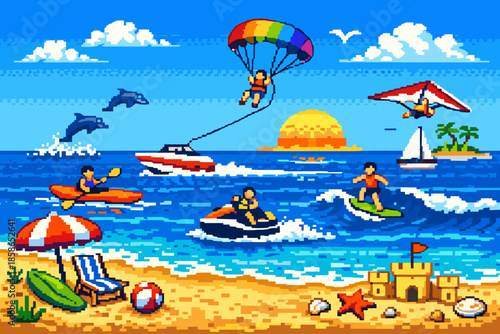 Colorful retro pixel art beach scene with water sports and activities at sunset