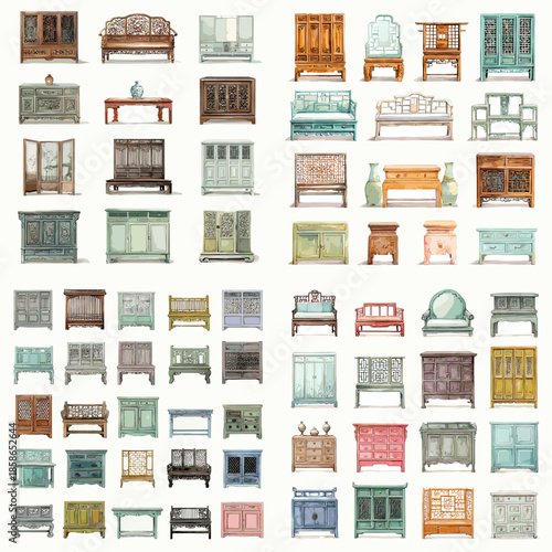 Watercolor illustration grid of pastel vintage furniture elevations including chairs cabinets beds and shelves shown from front view isolated on white background