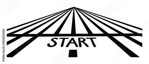 A bold black and white graphic depicting a converging road with the word START indicating a new journey or beginning, perfect for motivation, goal setting, or business presentations