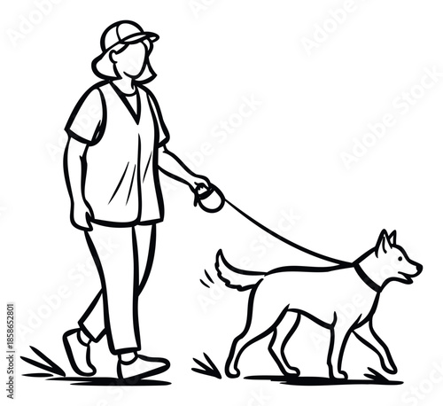 Active woman in a cap and vest enjoys daily outdoor stroll walking her loyal pet dog on a leash, perfect for lifestyle blogs or pet care advertisements.