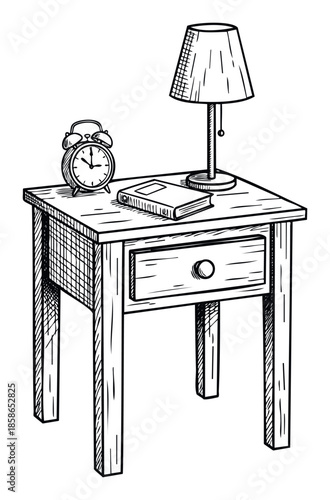 Hand drawn nightstand with alarm clock book and lamp sketch for bedroom and home decor publications or childrens storybooks