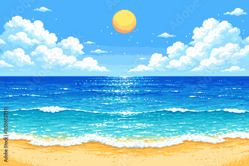Vibrant beach scene with sun, clouds, and ocean waves in pixel art style