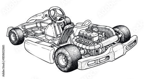 Technical outline drawing of a high performance racing gokart revealing its powerful engine, sturdy chassis, and essential components for automotive engineering and speed sports content.