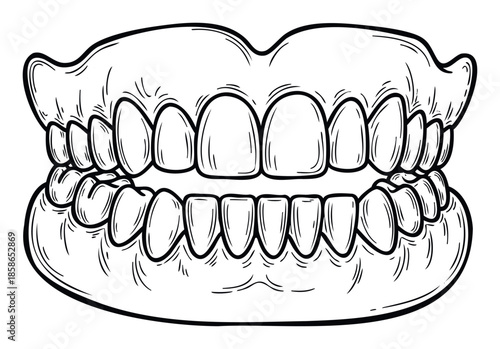 Detailed line drawing of human upper and lower teeth set for dental health, dentistry education, or medical clinic promotional materials and educational resources.