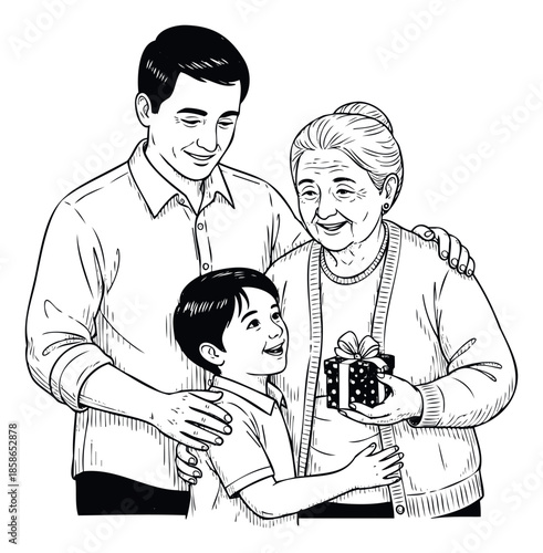 Joyful family featuring an adult man, an elderly woman, and a child exchanging a present, ideal for themes of family celebrations, holidays, and intergenerational love.
