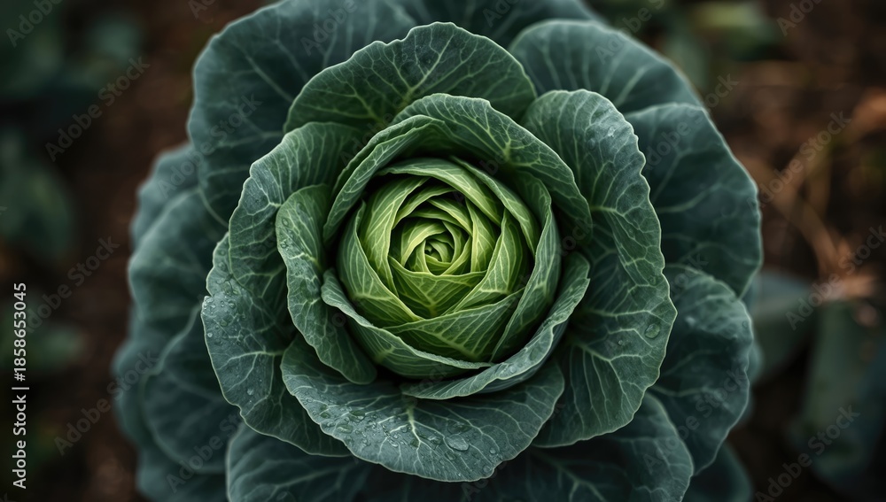 Fototapeta premium Close-up of a green flower on a cabbage head, natural growth in farming environments