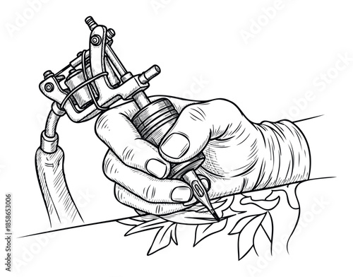Hand holding a tattoo machine drawing a leafy design on skin, ideal for promoting body art, tattoo parlors, or illustrating the tattooing process and related services.