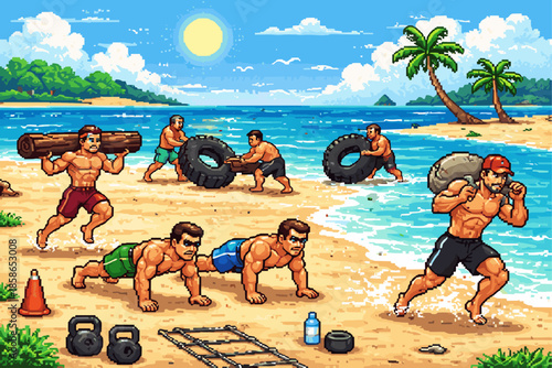 Beach workout scene in retro pixel art style with fit men exercising