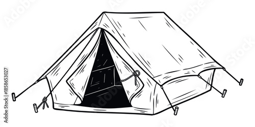 Detailed monochrome line drawing of a traditional wilderness tent with an open flap, suitable for outdoor recreation publications, travel brochures, and naturethemed graphic projects