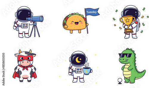Cute cartoon icon set with astronaut, taco, superhero cow, trophy winner, dinosaur, and space characters