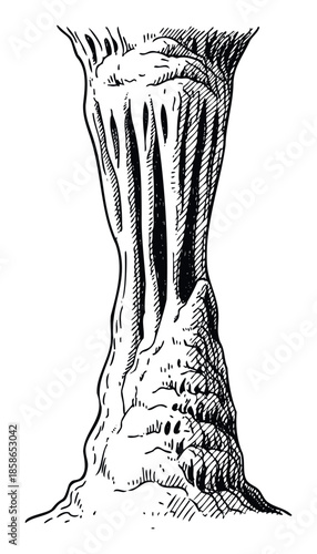 A striking monochrome etching style depiction of a towering natural geological formation resembling an hourglass with vertical grooves, ideal for environmental and exploration themes,