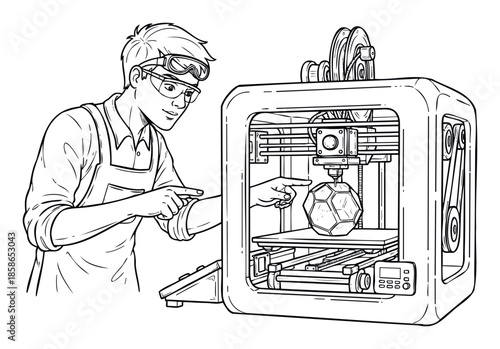 Young man in safety glasses operating a 3D printer, demonstrating additive manufacturing technology and modern production processes for educational or industrial applications
