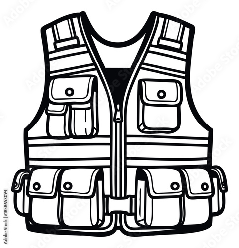 A minimalist black outline of a utility vest with multiple pockets and a front zipper provides a versatile graphic resource for outdoor apparel branding or equipment catalog visuals.